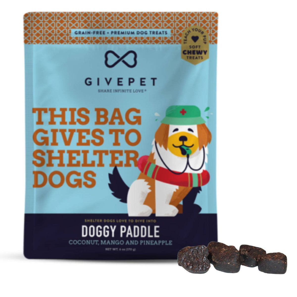 Front view of GivePet Doggy Paddle soft and chewy training dog treats packaging bag on a flat white background.