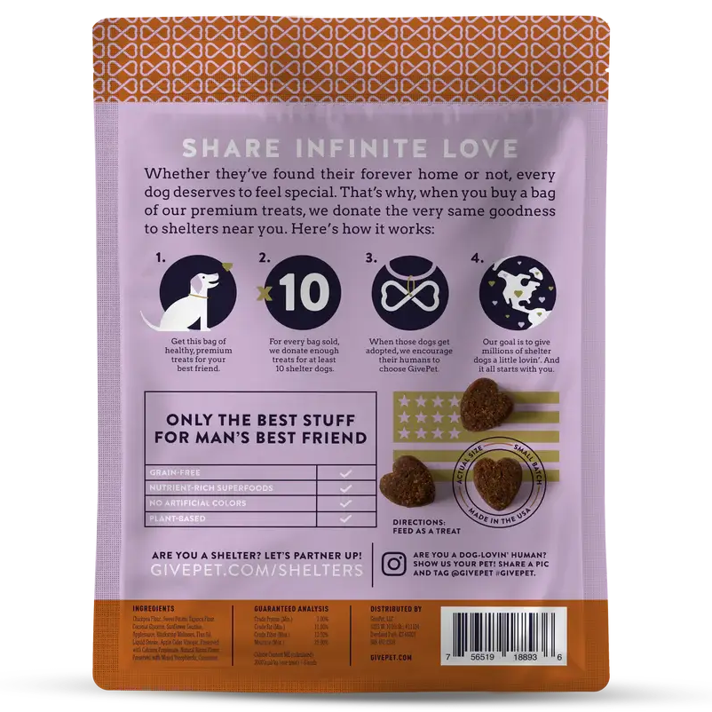 Back packaging label showing the ingredients and nutritional analysis for GivePet Off-Leash Leisure dog treats.