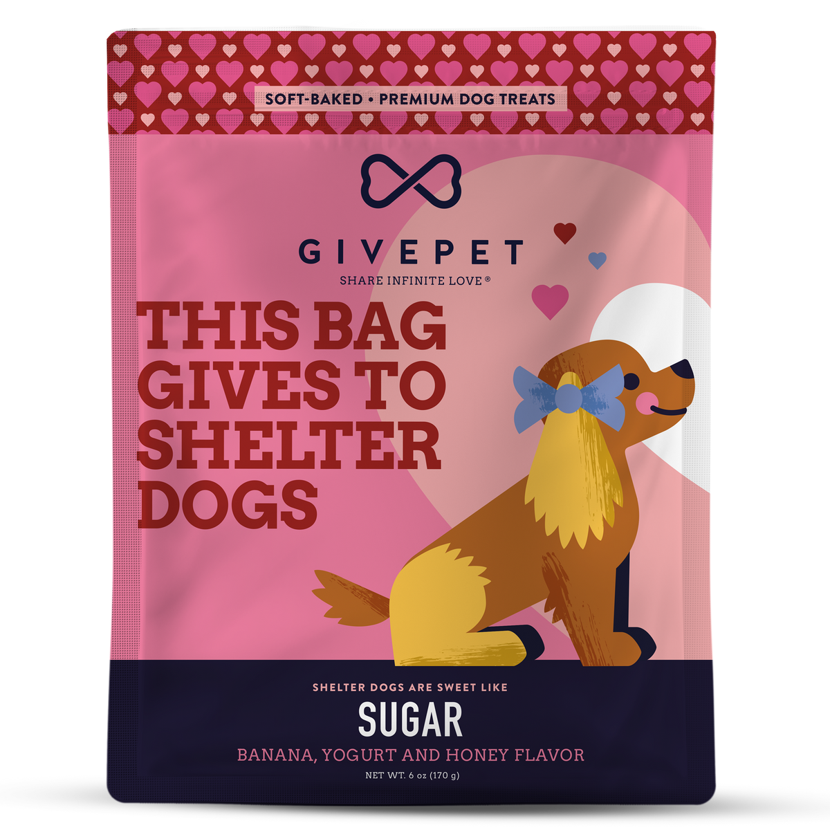 GivePet Sugar soft-baked dog treats that support animal shelter dogs, shown in main product packaging view.