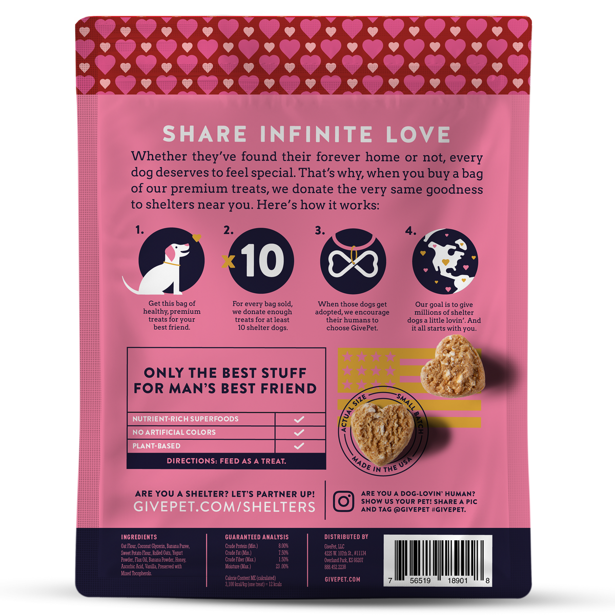 Back ingredients and nutritional analysis label for GivePet Sugar soft-baked dog treats that support shelters.