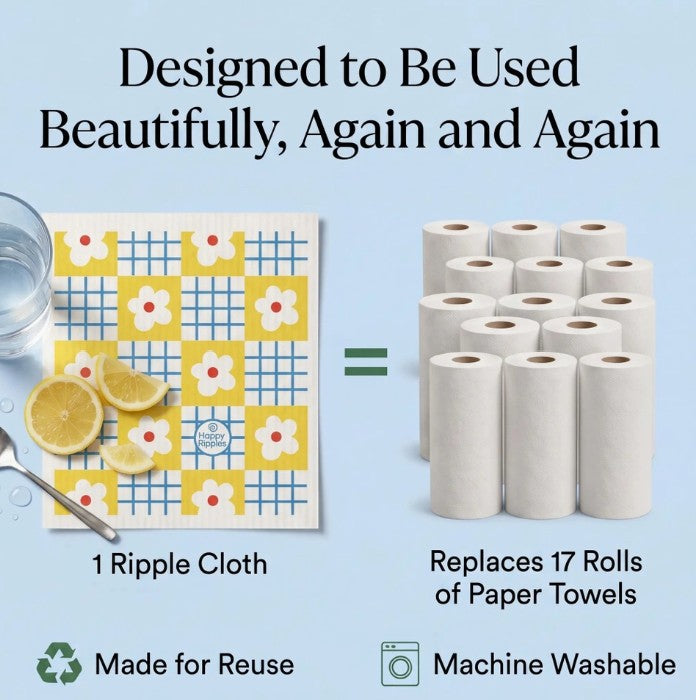 A reusable Ripple Cloth displayed side-by-side traditional rolls of paper towels, demonstrating a simple household swap that dramatically reduces single-use paper waste to help oceans.
