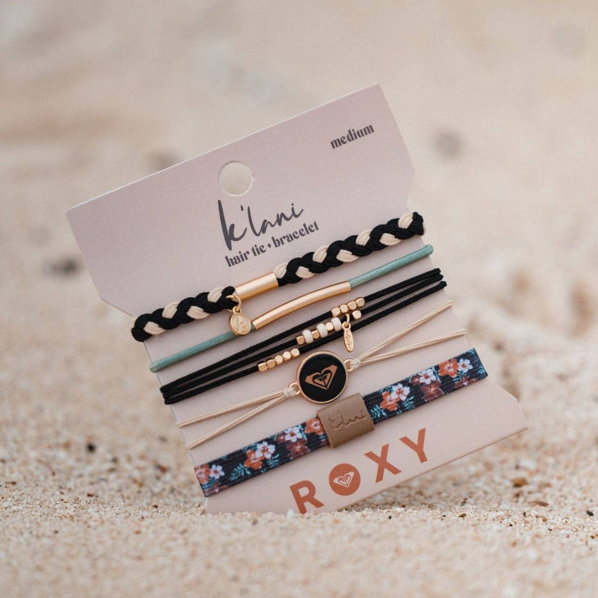 "Roxy Coastal Drift" Black & Neutral Beachy Hair Tie Bracelets: Size Medium