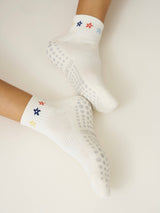 🌼 Cropped Crew Grip Sock for Pilates- Mini Flower Power - CREAM