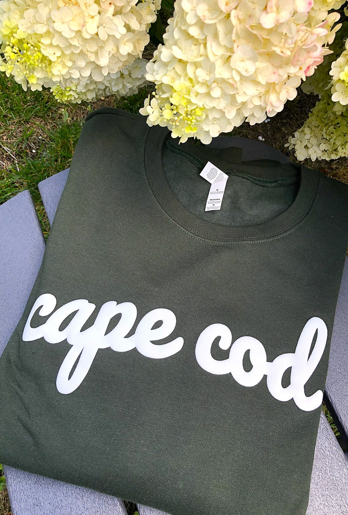 Cape Cod Puffed Lettering Sweatshirt - Dark Seaweed Green/White Unisex 50/50 (Copy)
