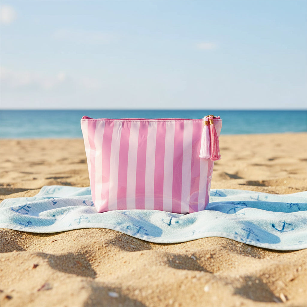 Pink Striped Makeup Bag