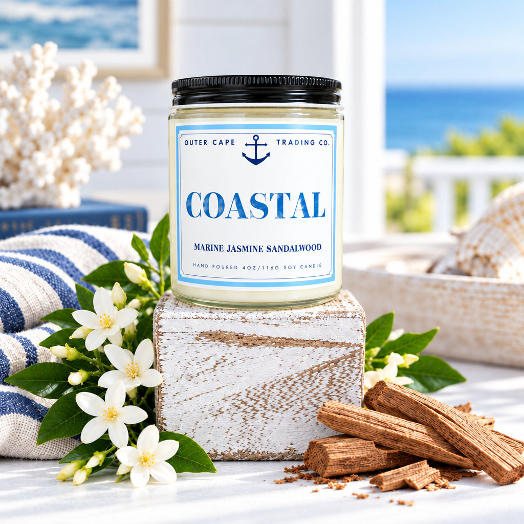 Candle labeled 'Coastal' on a wooden block with a wooden background