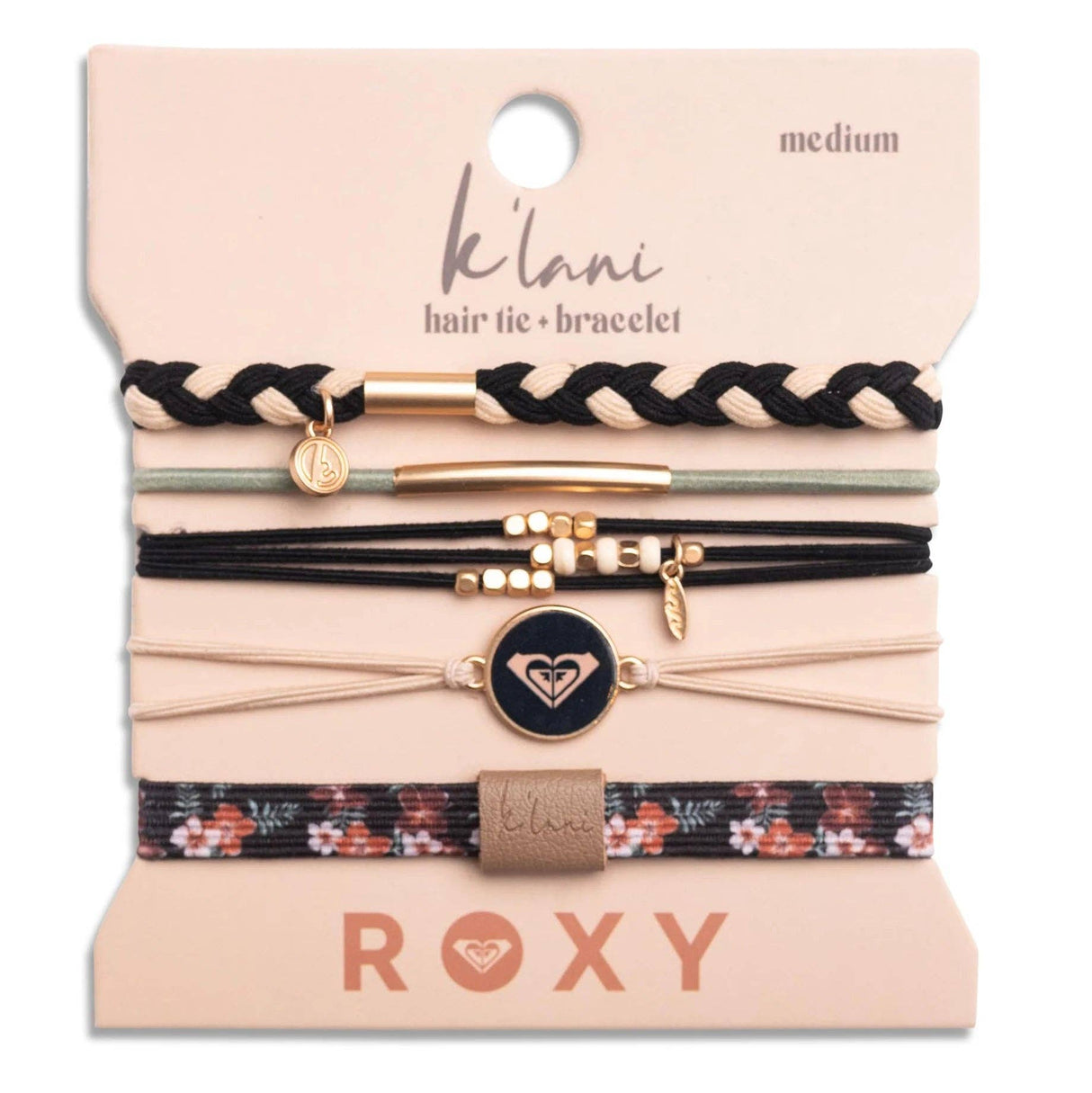 "Roxy Coastal Drift" Black & Neutral Beachy Hair Tie Bracelets: Size Medium