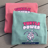 Two eco-friendly sweatshirts supporting Cape Cod cold-stunned sea turtle rescue and conservation.