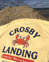 Crosby Beach Cape Cod t-shirt in butter displayed on a weathered rock at the ocean jetty.