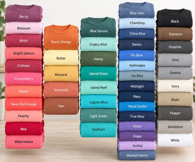 Comfort Colors apparel color palette chart showing available fabric swatches for custom t-shirts and sweatshirts.