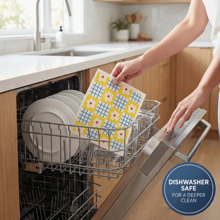 An eco friendly Ripple Cloth positioned next to mugs and bowls in a dishwasher rack, illustrating how the sustainable cleaning cloth can be washed, sanitized, and reused.