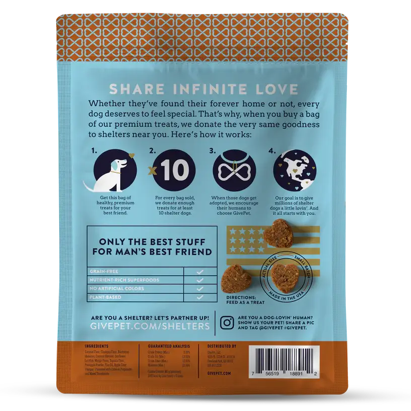 Back ingredients and nutritional label for GivePet Doggy Paddle soft and chewy training dog treats.