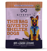 GivePet Off-Leash Leisure soft and chewy training dog treats that benefit animal shelter rescues, main packaging view.