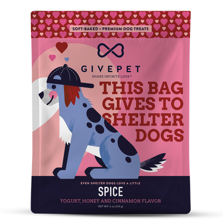 GivePet Spice soft-baked dog treats that support animal shelter dogs, main product packaging view. 