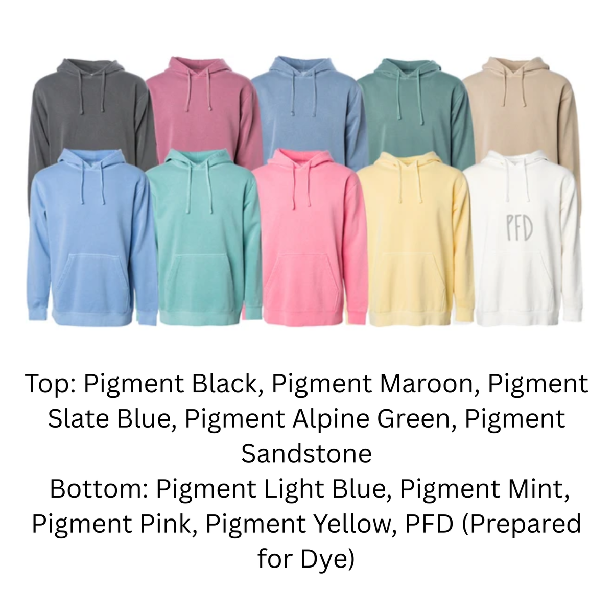 A comprehensive color palette chart showcasing the available blank hoodie color options from Independent Trading Co for custom apparel design.
