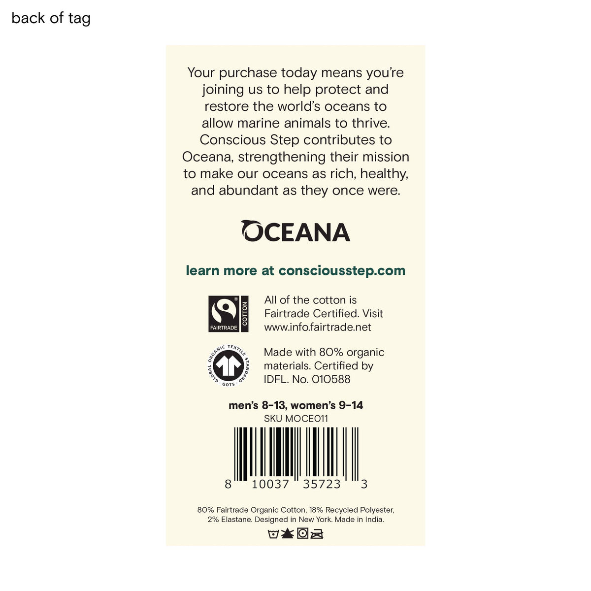 The back label of the sea turtle socks packaging, detailing the organic cotton materials and the charity partnership that protects sea turtles.