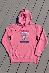 Flat lay view of the pink Turtle Power hoodie sweatshirt that supports Cape Cod cold-stunned sea turtle rescue.