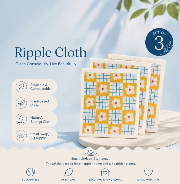 An infographic callout of the reusable Ripple Cloth features, detailing its durable sponge-like texture, easy-to-sanitize material, and zero-waste design for sustainable household cleaning.