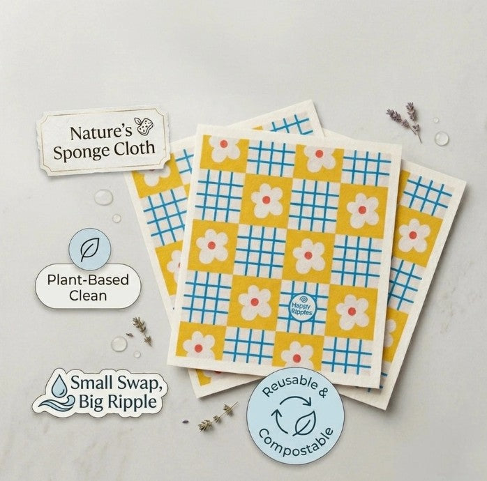 Flat lay product photography of a set of 3 multi-pack Ripple Cloths, highlighting the natural cotton and plant cellulose material composition of the zero-waste cleaning tools.