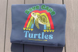 Slate blue hoodie sweatshirt supporting Cape Cod cold stunned turtle rescue efforts.