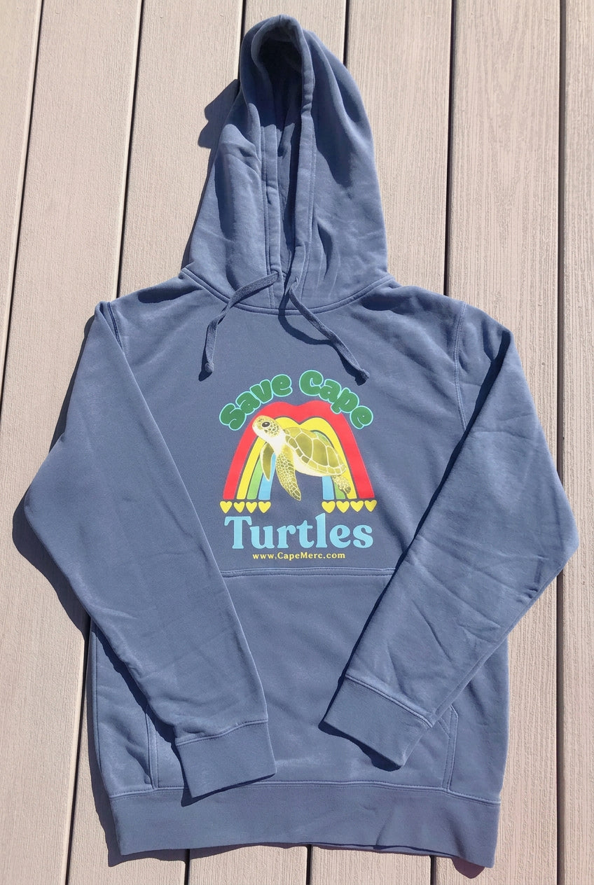 Flat lay view of the slate blue hoodie sweatshirt that supports Cape Cod cold-stunned sea turtle rescue.
