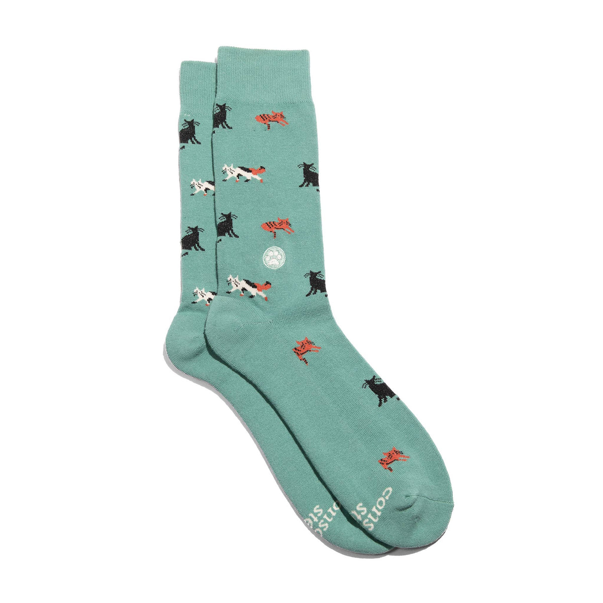 Flat lay display of cat-themed charity socks benefiting Best Friends Animal Society.