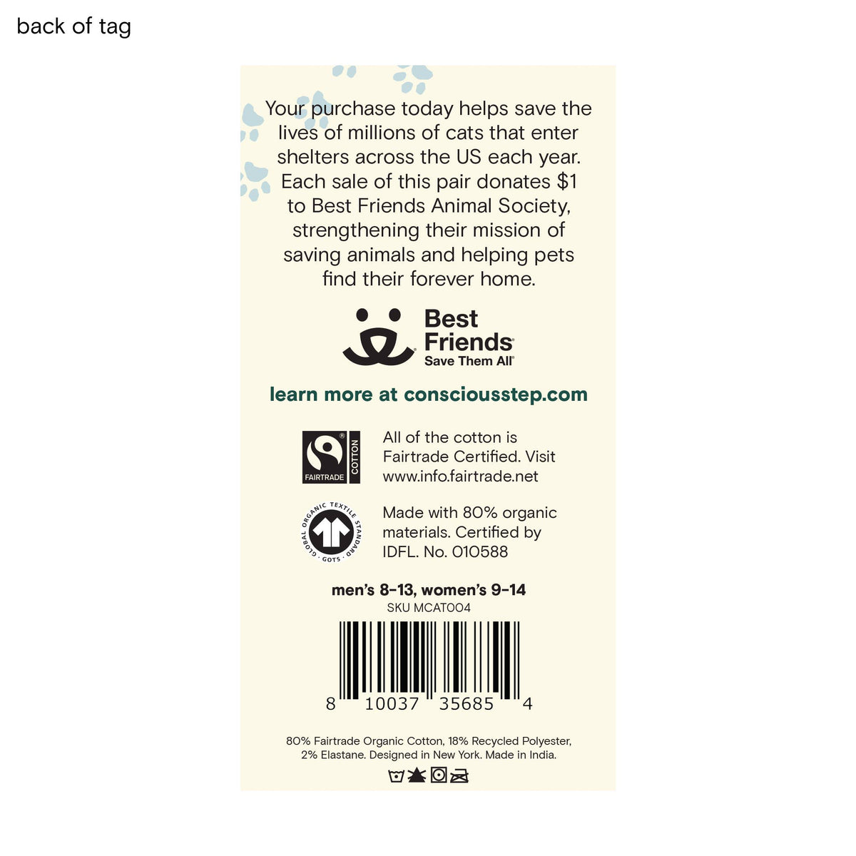 Back retail label of socks supporting Best Friends Animal Society, showing donation info.