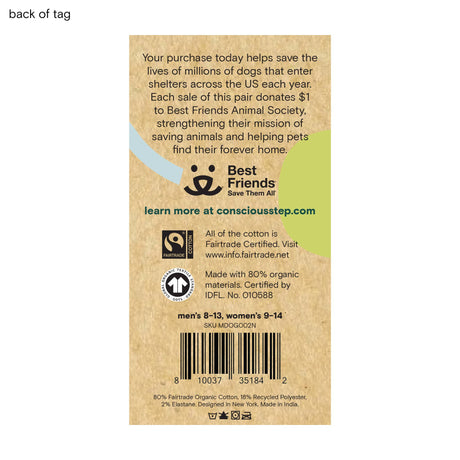 Back of packaging for Socks that Save Dogs detailing the donation support for Best Friends Animal Society.