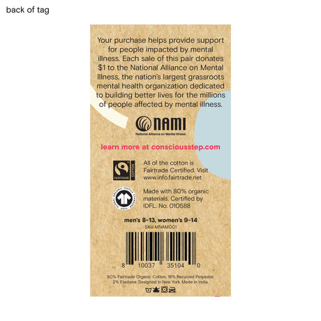Back of retail packaging for Socks that Support Mental Health detailing the donation percentage and charity mission.