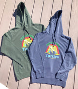 Flat lay view of two Save Cape Turtles hoodie sweatshirts that support Cape Cod cold-stunned sea turtle rescue.